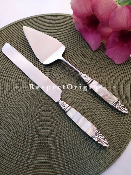 Handcrafted Cake Serving Set with Mother of Pearl Inlay on engraved Stainless Steel ; 12 Inches; RespectOrigins.com