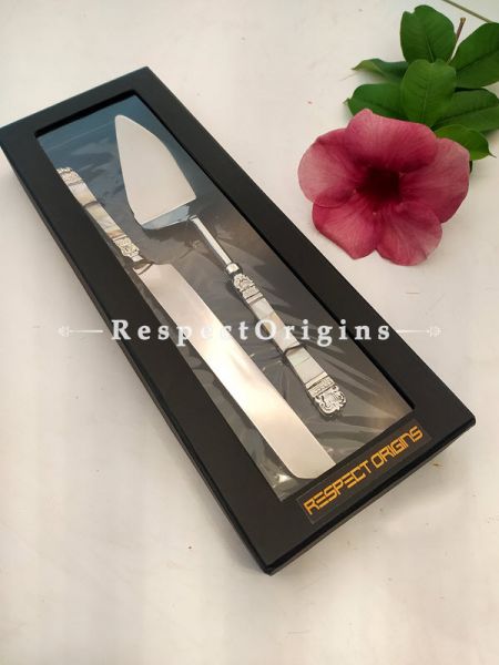 Handcrafted Cake Serving Set with Mother of Pearl Inlay on engraved Stainless Steel Boxed Gift Set; 12 Inches; RespectOrigins.com