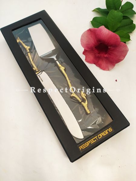 Duo Handcrafted Cake Serving Set with Gold Coated Twig Designer Brass with Gold Handles Box Gift Set; 12 Inches; RespectOrigins.com