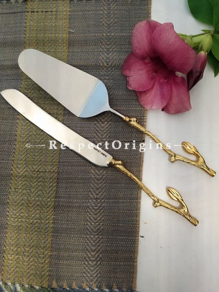 Duo Handcrafted Cake Serving Set with Gold Coated Twig Designer Brass with Gold Handles Box Gift Set; 12 Inches; RespectOrigins.com