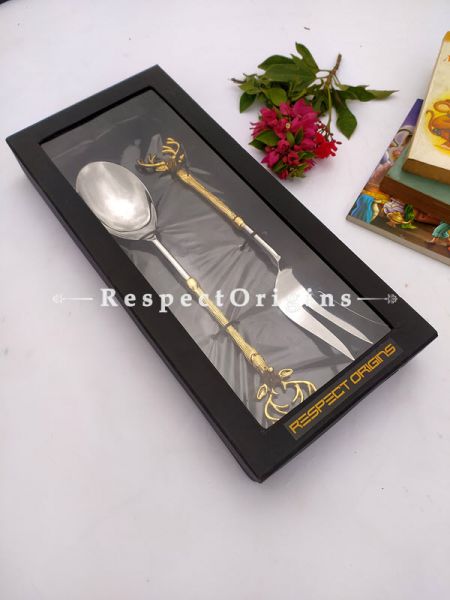 Duo Salad, Pie or Roast Serving Spoon Folk Set; Handcrafted Brass n Gold Coated Handles; Formal or Festive Holiday Dining; 12 inches ; RespectOrigins.com