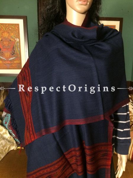 Buy Dark Blue Hand woven Woolen Kullu Stoles From Himachal with maroon borders; Size 80 x 27 inches at RespectOrigins.com