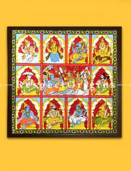 Dashavataram; 10 Avatars of Vishnu The Preserver Cheriyal Painting; Folk Art Square Painting in 18x18 in; Traditional Painting On Canvas