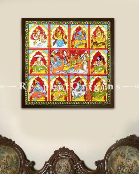 Dashavataram; 10 Avatars of Vishnu The Preserver Cheriyal Painting; Folk Art Square Painting in 18X18 inches; Traditional Painting On Canvas; RespectOrigins