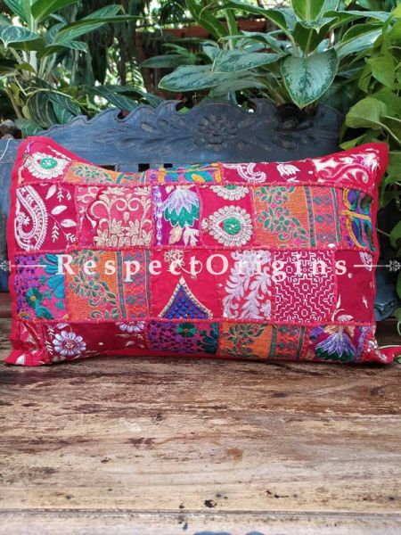 Decorative Red and Blue Lumbar Throw Embroidered Cushion Covers Pair Christmas Gift Set; Cotton; Dry Clean Only; 25x15 inches; RespectOrigins.com