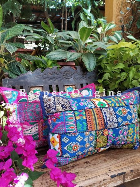 Decorative Pink and Blue Lumbar Throw Embroidered Cushion Covers Pair Christmas Gift Set; Cotton; Dry Clean Only; 25x15 inches; RespectOrigins.com