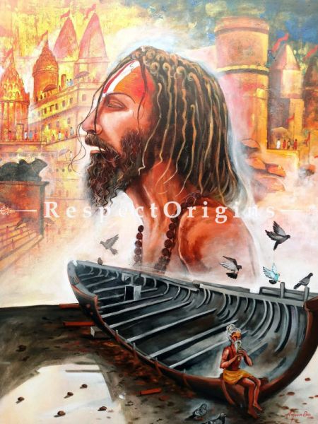 Vertical Art Painting of Devotion of Banaras ghat) ;Acrylic on Canvas; 36in X 48in at RespectOrigins.com
