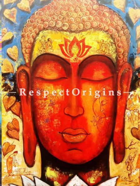Vertical Art Painting of Devotion of Buddha #4;Acrylic on Canvas; 33in X 60in at RespectOrigins.com
