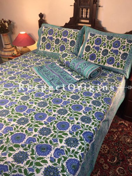 Blue Luxury Rich Cotton Filled Reversible Hand Block Printted King Size  Dohar Or Comforter or Quilt or Blanket,Bed Spread, Blue Floral & Green Leaves Motifs; Blanket 110 X 90 Inches, Sheet 110 X 90 Inches, Shams 30 X 20 Inches; RespectOrigins.com