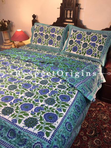 Blue Luxury Rich Cotton Filled Reversible Hand Block Printted King Size  Dohar Or Comforter or Quilt or Blanket,Bed Spread, Blue Floral & Green Leaves Motifs; Blanket 110 X 90 Inches, Sheet 110 X 90 Inches, Shams 30 X 20 Inches; RespectOrigins.com