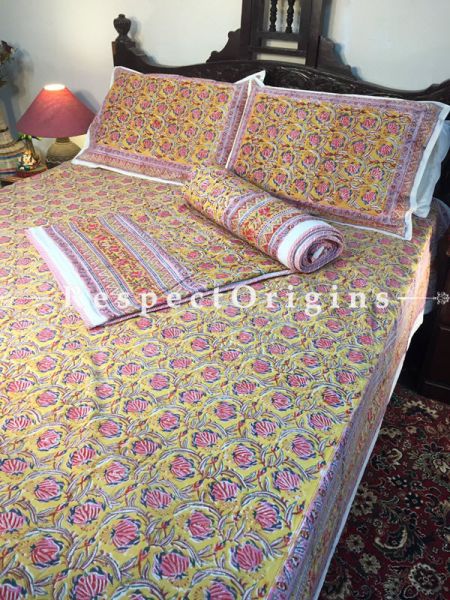 Multicolor Luxury Rich Cotton Filled Reversible Hand Block Printted King Size  Dohar Or Comforter or Quilt or Blanket,Bed Spread, Pretty Floral Motifs; Blanket 110 X 90 Inches, Sheet 110 X 90 Inches, Shams 30 X 20 Inches; RespectOrigins.com