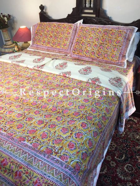 Multicolor Luxury Rich Cotton Filled Reversible Hand Block Printted King Size  Dohar Or Comforter or Quilt or Blanket,Bed Spread, Pretty Floral Motifs; Blanket 110 X 90 Inches, Sheet 110 X 90 Inches, Shams 30 X 20 Inches; RespectOrigins.com