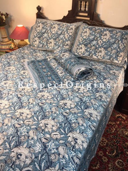 Multicolor Luxury Rich Cotton Filled Reversible Hand Block Printted King Size  Dohar Or Comforter or Quilt or Blanket,Bed Spread,Floral Motifs; Blanket 110 X 90 Inches, Sheet 110 X 90 Inches, Shams 30 X 20 Inches; RespectOrigins.com