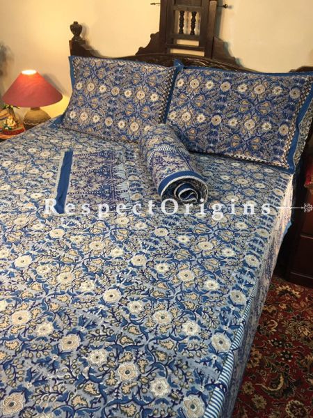 Deep Blue Luxury Rich Cotton Filled Reversible Hand Block Printted King Size  Dohar Or Comforter or Quilt or Blanket,Bed Spread,Floral Motifs; Blanket 110 X 90 Inches, Sheet 110 X 90 Inches, Shams 30 X 20 Inches; RespectOrigins.com