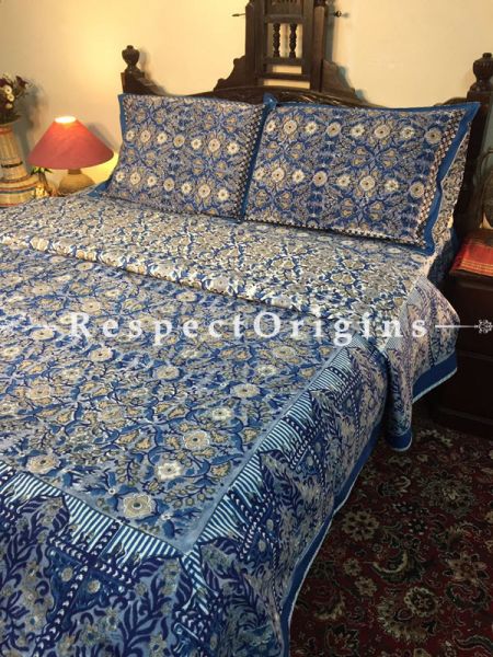 Deep Blue Luxury Rich Cotton Filled Reversible Hand Block Printted King Size  Dohar Or Comforter or Quilt or Blanket,Bed Spread,Floral Motifs; Blanket 110 X 90 Inches, Sheet 110 X 90 Inches, Shams 30 X 20 Inches; RespectOrigins.com