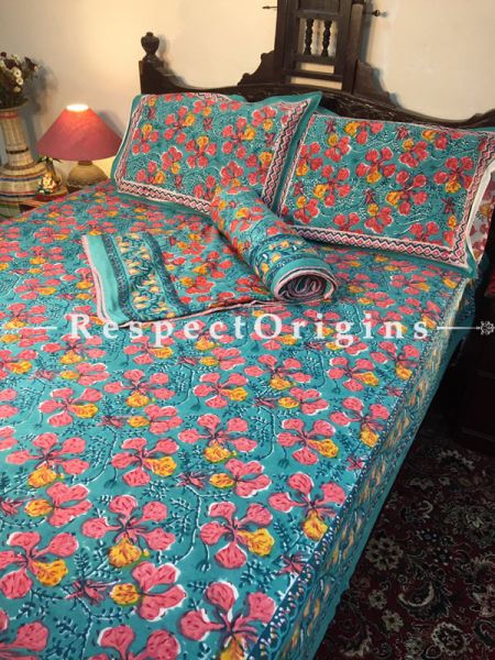 Multicolor Luxury Rich Cotton Filled Reversible Hand Block Printted King Size  Dohar Or Comforter or Quilt or Blanket,Bed Spread,Floral Motifs in Red & Mustard; Blanket 110 X 90 Inches, Sheet 110 X 90 Inches, Shams 30 X 20 Inches; RespectOrigins.com