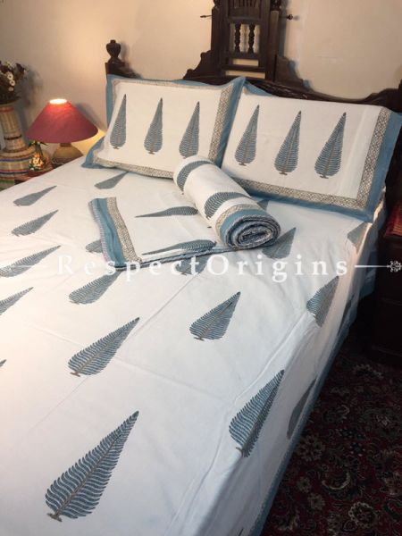 Comfy & Rich Cotton Filled Reversible Hand Block Printted King Size Dohar Or Comforter or Quilt or Blanket,Bed Spread, White Base with Floral Motifs; Blanket 110 X 90 Inches, Sheet 110 X 90 Inches, Shams 30 X 20 Inches; RespectOrigins.com