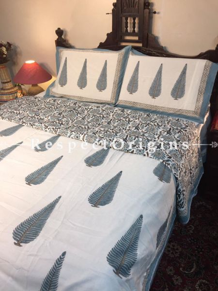 Comfy & Rich Cotton Filled Reversible Hand Block Printted King Size Dohar Or Comforter or Quilt or Blanket,Bed Spread, White Base with Floral Motifs; Blanket 110 X 90 Inches, Sheet 110 X 90 Inches, Shams 30 X 20 Inches; RespectOrigins.com