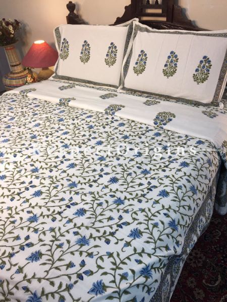 Beautiful Rich Cotton Filled Reversible Hand Block Printted King Size  Dohar Or Comforter or Quilt or Blanket,Bed Spread,White Base with Persian Flower Motifs; Blanket 110 X 90 Inches, Sheet 110 X 90 Inches, Shams 30 X 20 Inches; RespectOrigins.com