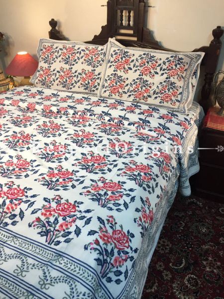Delightful Cotton Filled Reversible Hand Block Printed King Size  Dohar Or Comforter or Quilt or Blanket,Bed Spread,White Base with Floral Motifs in Red & Blue; Blanket 110 X 90 Inches, Sheet 110 X 90 Inches, Shams 30 X 20 Inches; RespectOrigins.com
