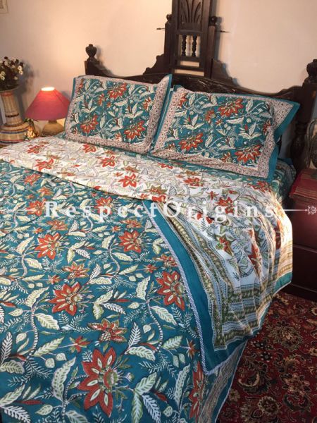 Persian Blue Luxury Rich Cotton Filled Reversible Hand Block Printted King Size  Dohar Or Comforter or Quilt or Blanket,Bed Spread,Floral Motifs; Blanket 110 X 90 Inches, Sheet 110 X 90 Inches, Shams 30 X 20 Inches; RespectOrigins.com