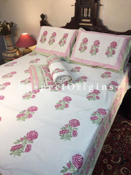 Grand Cotton Filled Reversible Hand Block Printted King Size  Dohar Or Comforter or Quilt or Blanket,Bed Spread,White Base with Persian Floral Motifs; Blanket 110 X 90 Inches, Sheet 110 X 90 Inches, Shams 30 X 20 Inches; RespectOrigins.com