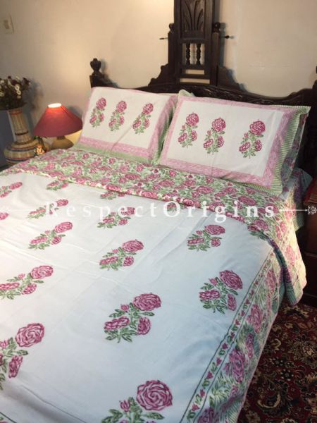 Grand Cotton Filled Reversible Hand Block Printted King Size  Dohar Or Comforter or Quilt or Blanket,Bed Spread,White Base with Persian Floral Motifs; Blanket 110 X 90 Inches, Sheet 110 X 90 Inches, Shams 30 X 20 Inches; RespectOrigins.com