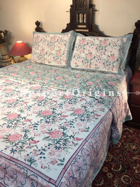 Exquisite Multicolor Luxury Rich Cotton Filled Reversible Hand Block Printted King Size  Dohar Or Comforter or Quilt or Blanket,Bed Spread,Pink Floral Motifs; Blanket 110 X 90 Inches, Sheet 110 X 90 Inches, Shams 30 X 20 Inches; RespectOrigins.com