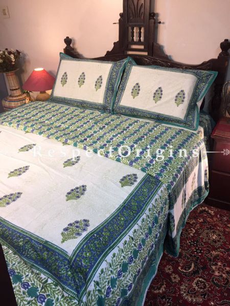 Pretty Rich Cotton Filled Reversible Hand Block Printted King Size  Dohar Or Comforter or Quilt or Blanket,Bed Spread,White Base with Blue Floral & Green Vine Motifs; Blanket 110 X 90 Inches, Sheet 110 X 90 Inches, Shams 30 X 20 Inches; RespectOrigins.com
