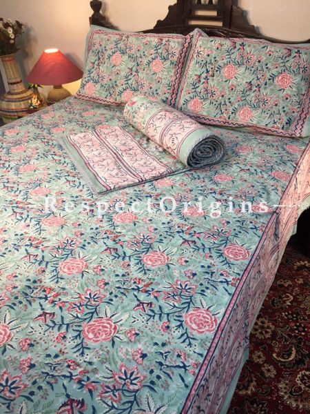 Mulitcolor Luxury Rich Cotton Filled Reversible Hand Block Printted King Size  Dohar Or Comforter or Quilt or Blanket,Bed Spread,Pink Floral Motifs; Blanket 110 X 90 Inches, Sheet 110 X 90 Inches, Shams 30 X 20 Inches; RespectOrigins.com