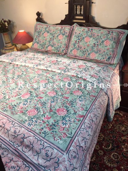 Mulitcolor Luxury Rich Cotton Filled Reversible Hand Block Printted King Size  Dohar Or Comforter or Quilt or Blanket,Bed Spread,Pink Floral Motifs; Blanket 110 X 90 Inches, Sheet 110 X 90 Inches, Shams 30 X 20 Inches; RespectOrigins.com