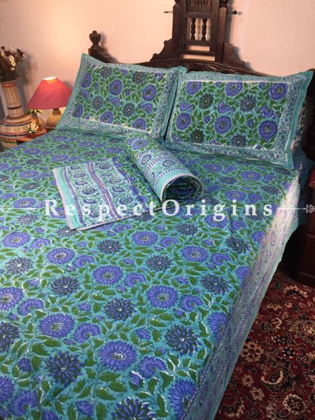 Deep Blue Tropical Luxury Rich Cotton Filled Reversible Hand Block Printted King Size Dohar Or Comforter or Quilt or Blanket,Bed Spread,Floral Motifs; Blanket 110 X 90 Inches, Sheet 110 X 90 Inches, Shams 30 X 20 Inches; RespectOrigins.com