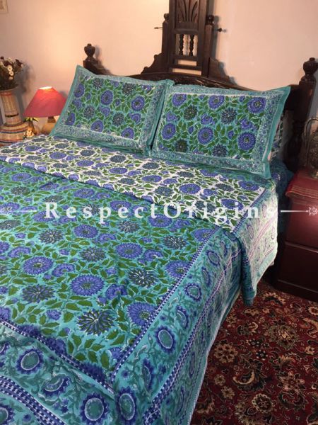 Deep Blue Tropical Luxury Rich Cotton Filled Reversible Hand Block Printted King Size Dohar Or Comforter or Quilt or Blanket,Bed Spread,Floral Motifs; Blanket 110 X 90 Inches, Sheet 110 X 90 Inches, Shams 30 X 20 Inches; RespectOrigins.com