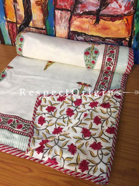 Gladiolus Hand Block Printed Luxury Rich Cotton Filled Reversible King Size Jaipuri Razai or Dohar  or Comforter or Quilt In White with Colorful Eucalyptus Motifs; 110 X 90 Inches  ; RespectOrigins.com