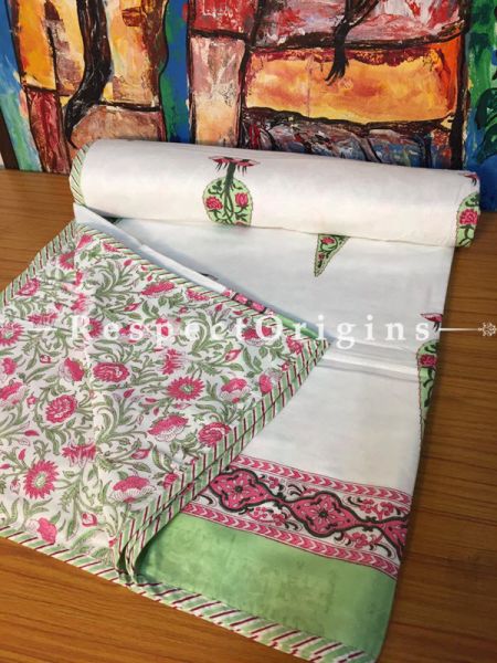 Daffodil Hand Block Printed Luxury Rich Cotton Filled Reversible King Size Jaipuri Razai or Dohar or Comforter or Quilt In White with Eucalyptus Motifs; 110 X 90 Inches  ; RespectOrigins.com