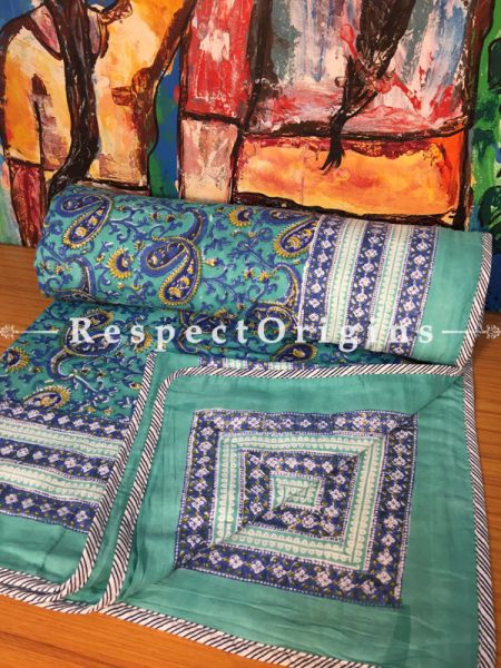 Megha Floral Hand Block Printed Luxury Rich Cotton Filled Reversible King Size Jaipuri Razai or Dohar  or Comforter or Quilt In Blue  with Colorful Paisley Motifs; 110 X 90 Inches  ; RespectOrigins.com