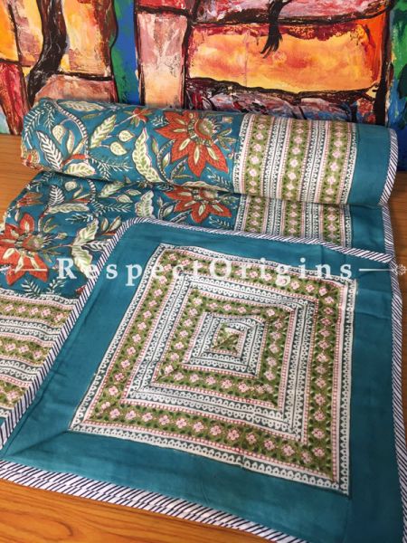 Summery Floral Hand Block Printed Luxury Rich Cotton Filled ReversibleKing Size Jaipuri Razai or Dohar  or Comforter or Quilt In Blue with Colorful Floral Motifs; 110 X 90 Inches  ; RespectOrigins.com