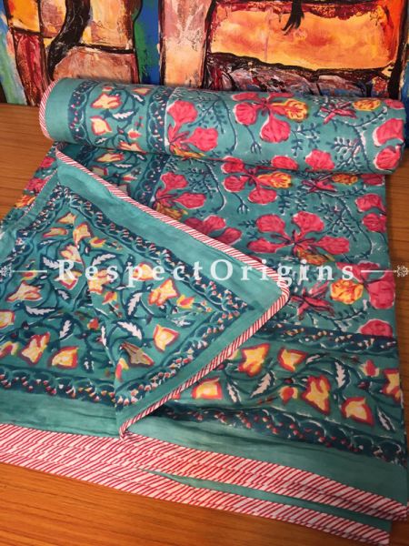 Lush Floral Hand Block Printed Luxury Rich Cotton Filled Reversible King Size Jaipuri Razai or Dohar  or Comforter or Quilt In Blue with Colorful Teal Floral Motifs; 110 X 90 Inches  ; RespectOrigins.com