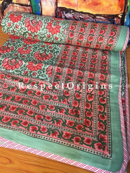 Tropical Colorful Floral Hand Block Printed Luxury Rich Cotton Filled Reversible King Size Jaipuri Razai or Dohar  or Comforter or Quilt with Colorful Motifs; 110 X 90 Inches  ; RespectOrigins.com
