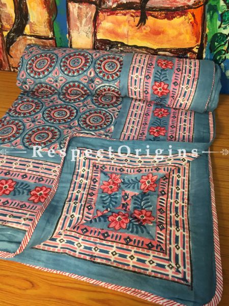 Ethnic Hand Block Printed Luxury Rich Cotton Filled Reversible King Size Jaipuri Razai or Dohar  or Comforter or Quilt In Blue  with Colorful Country Motifs; 110 X 90 Inches  ; RespectOrigins.com