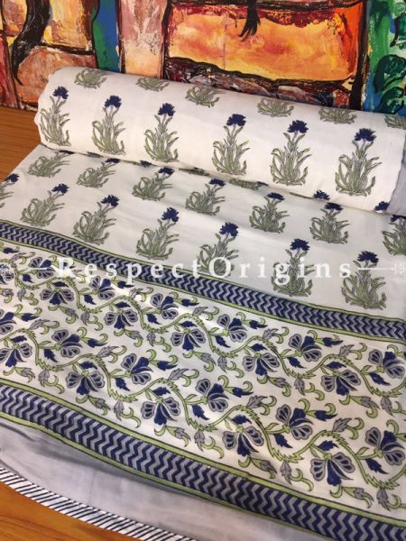 Hand Block Printed Luxury Rich Cotton Filled ReversibleKing Size Jaipuri Razai or Dohar  or Comforter or Quilt In White with Colorful Floral and VineMotifs; 110 X 90 Inches  ; RespectOrigins.com