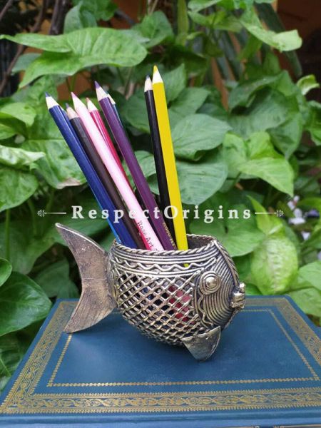 Fish Design Brass Tribal Dhokra Pen Stand; 5 Inches; RespectOrigins.com