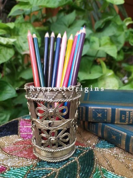 Floral Design Brass Tribal Dhokra Pen Stand; 4 Inches; RespectOrigins.com