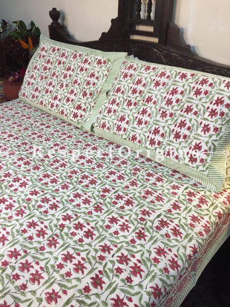 Yaasmeen Block Printed High Quality Double Bed Spread 108x90 Inches, Two Pillow shams; 30x20 Inches; RespectOrigins.com