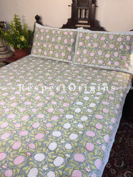 Jessica Block Printed High Quality Double Bed Spread 108x90 Inches, Two Pillow shams; 30x20 Inches.; RespectOrigins.com