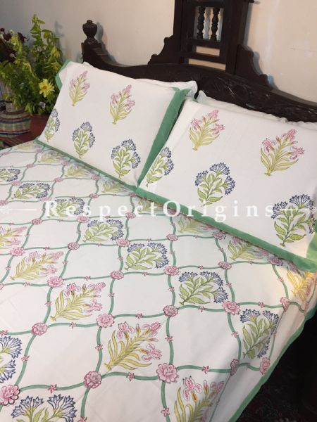 Florence Block Printed High Quality Double Bed Spread 108x90 Inches, Two Pillow shams; 30x20 Inches; RespectOrigins.com