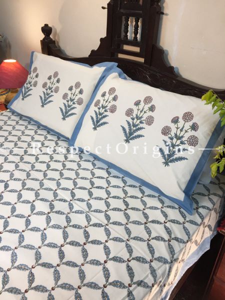 Hazel Block Printed High Quality Double Bed Spread 108x90 Inches, Two Pillow shams; 30x20 Inches; RespectOrigins.com