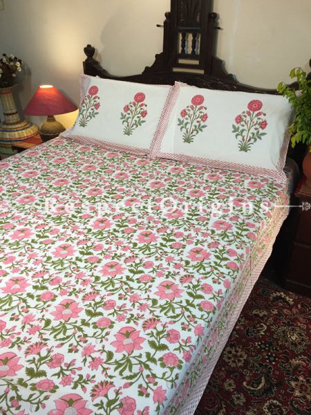 Daisy Block Printed High Quality Double Bed Spread 108x90 Inches, Two Pillow shams; 30x20 Inches; RespectOrigins.com