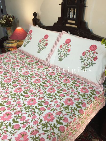 Daisy Block Printed High Quality Double Bed Spread 108x90 Inches, Two Pillow shams; 30x20 Inches; RespectOrigins.com