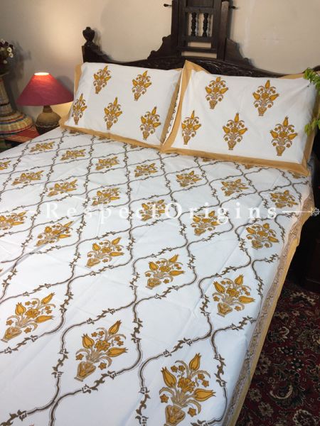 Erica Block Printed High Quality Double Bed Spread 108x90 Inches, Two Pillow shams; 30x20 Inches; RespectOrigins.com